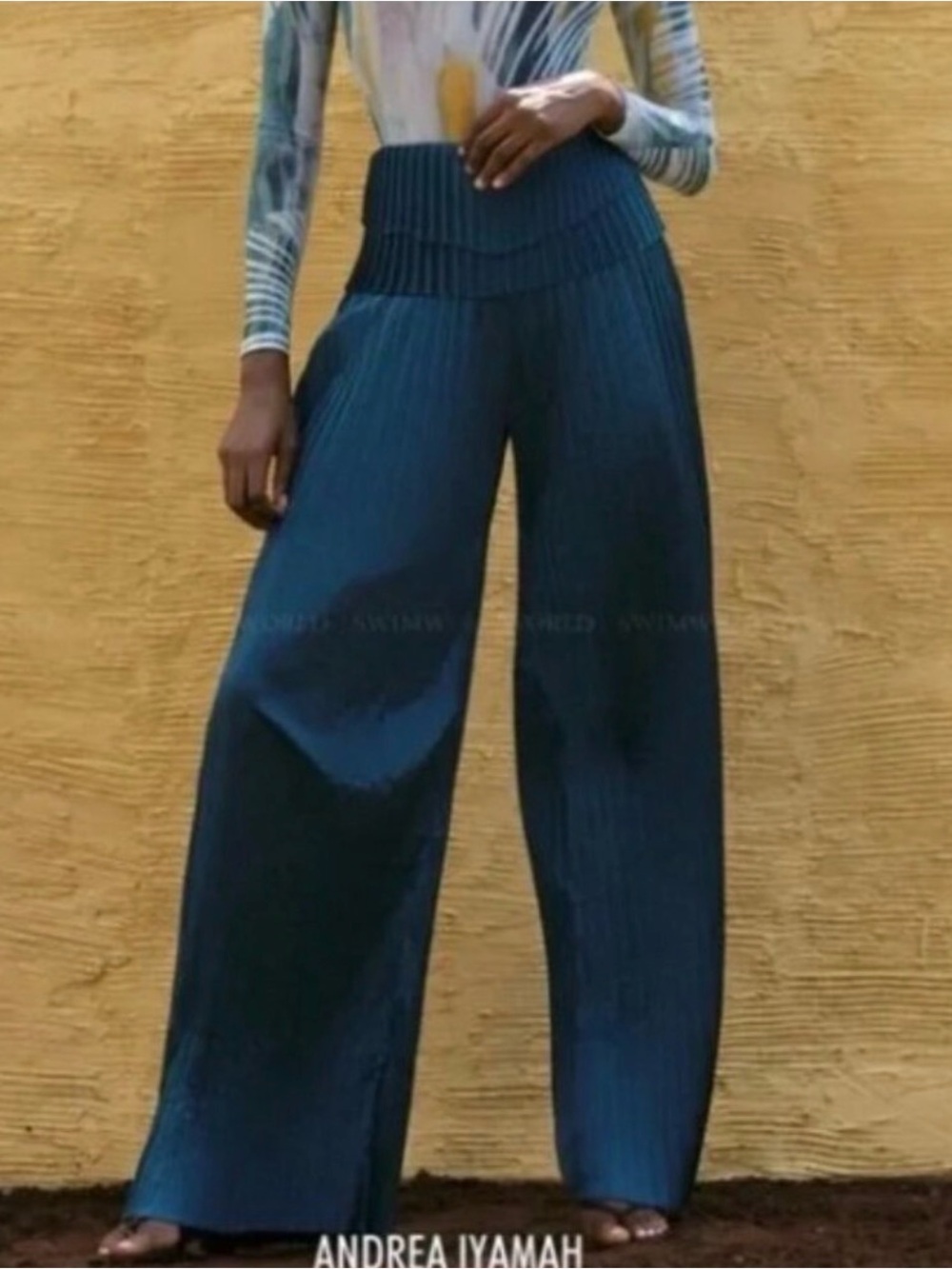 Andrea Iyamah Deep Teal Wide-Leg Pleated Pants
